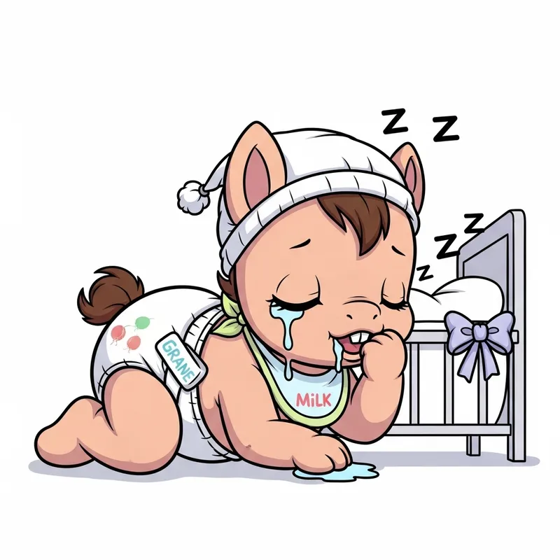 Cute Baby Pony in Pampers Diapers Crawling and Teething, Adorable Cartoon Newborn with Bonnet Sleeping in Crib Cute Baby Pony in Pampers Diapers Crawling and Teething, Adorable Cartoon Newborn with Bonnet Sleeping in Crib
