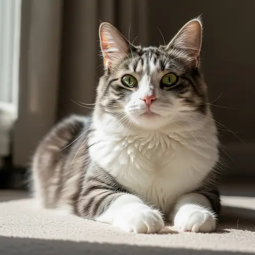 Fluffy Medium-Sized Domestic Cat Basking in Sunlight
