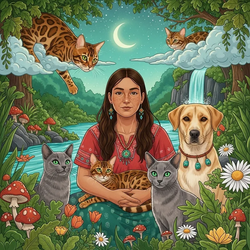 Shamanistic Healing with Bengal, Russian Blue Cats, and Giant-Eared Dog in Lush Nature
