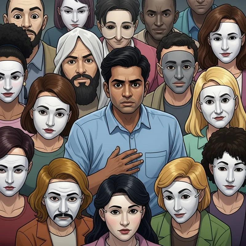 Masked Crowd Encircling Man - Unveiling Personalities