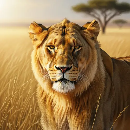 Majestic Female Lion in Golden Savannah - Wildlife Portrait