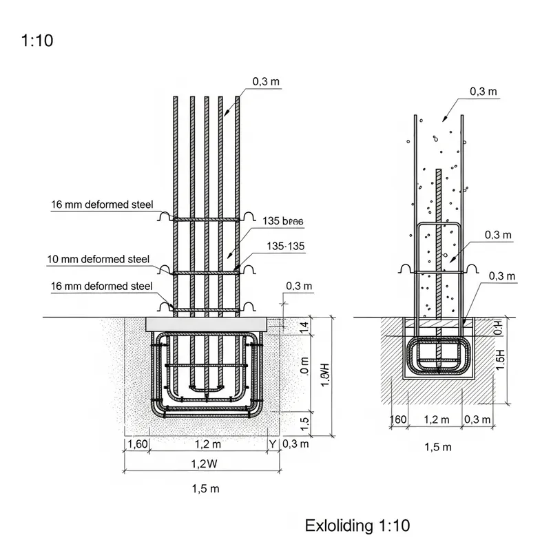Column-Footing Details: Plan & Section View with Reinforcement Bars Column-Footing Details: Plan & Section View with Reinforcement Bars