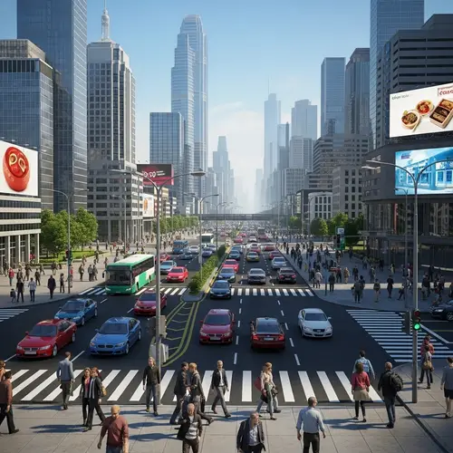 Cityscape Day View - Urban Skyline with Traffic and People