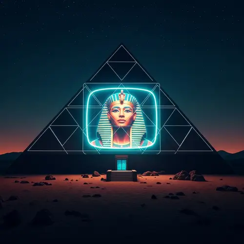 Modern Egyptian Pyramid with Glowing Priestess at Night