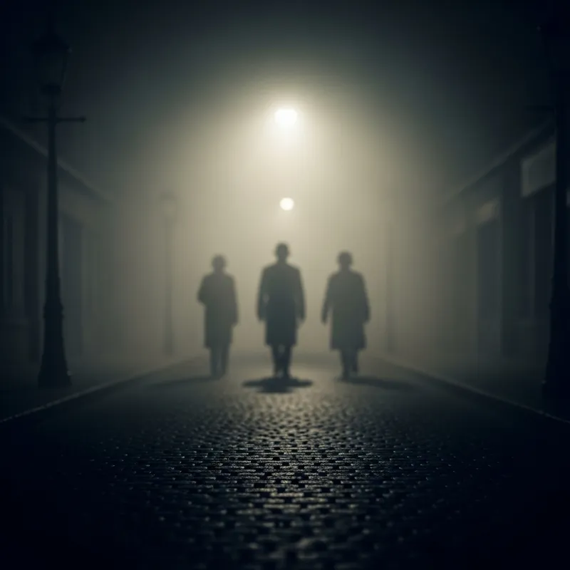 Vintage 1920s Film Noir Image: Obscured Figures in Foggy Street