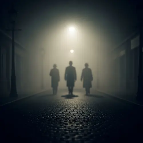 1920's Film Noir Style Photo with Shadowy Figures in Foggy Street