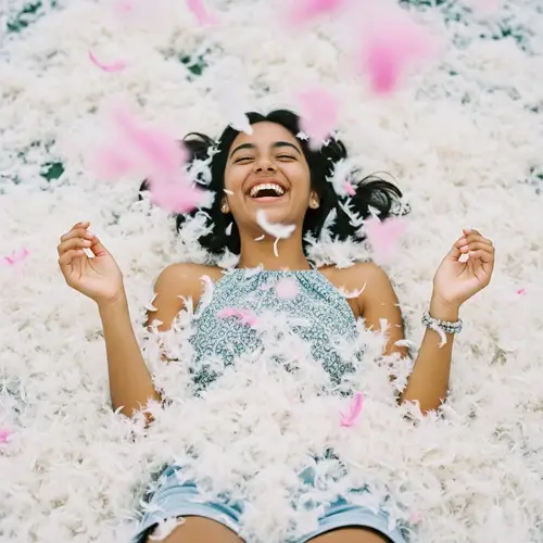 Teenage Girl in Vintage Aesthetic Feathers - Joyful Summer Vibes