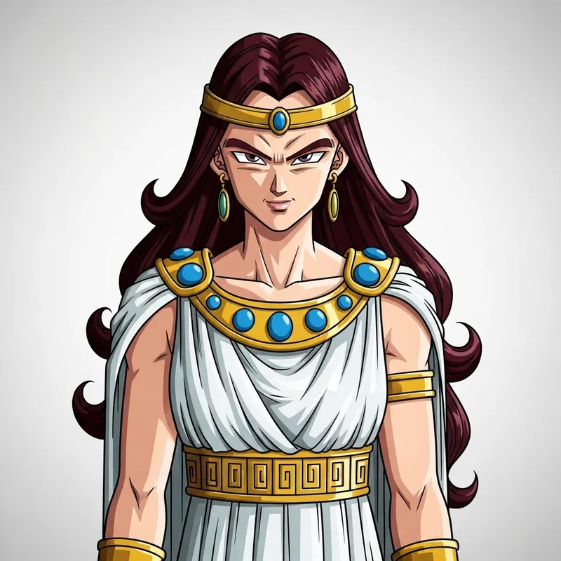 Saiyan Queen with Long Dark Red Hair and Greek-style Dress