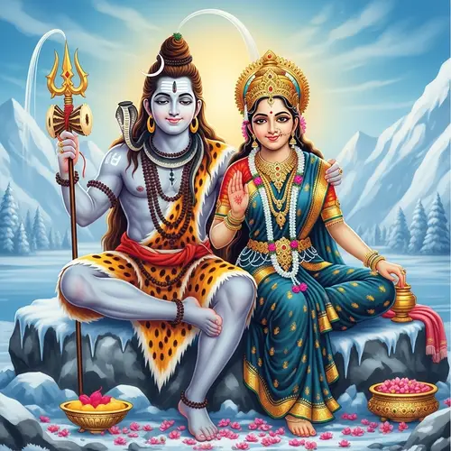 Lord Mahadev and Parvati Seated Together on Ice Stone - Serene Depiction