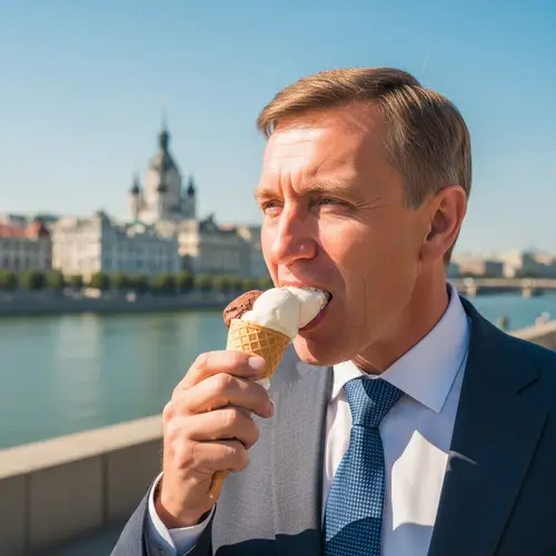 Middle-aged Man Enjoying Ice Cream in Stylish Suit | Cityscape Background