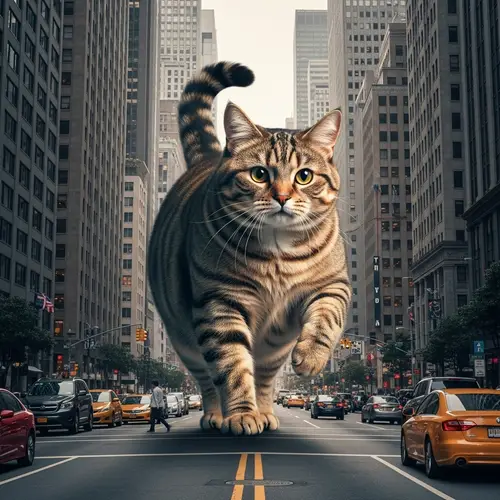 Gigantic Urban Cat Strutting through Cityscape