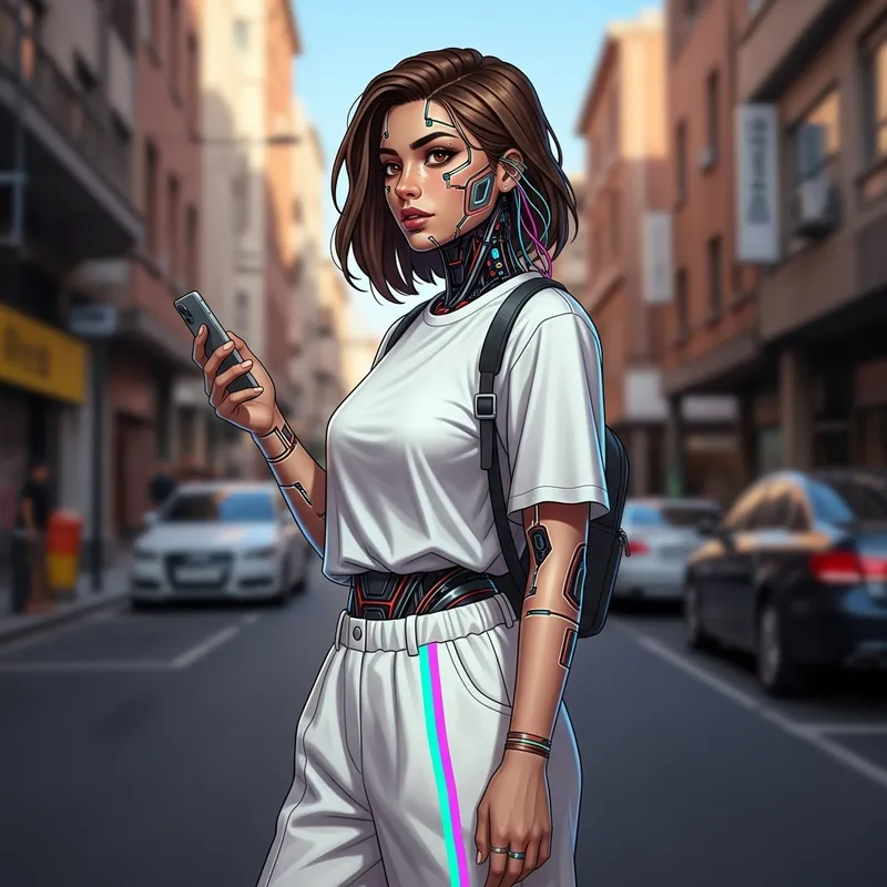 Smart and Futuristic Middle Eastern Woman: Half-Robotic Beauty in Neon White Outfit Smart and Futuristic Middle Eastern Woman: Half-Robotic Beauty in Neon White Outfit