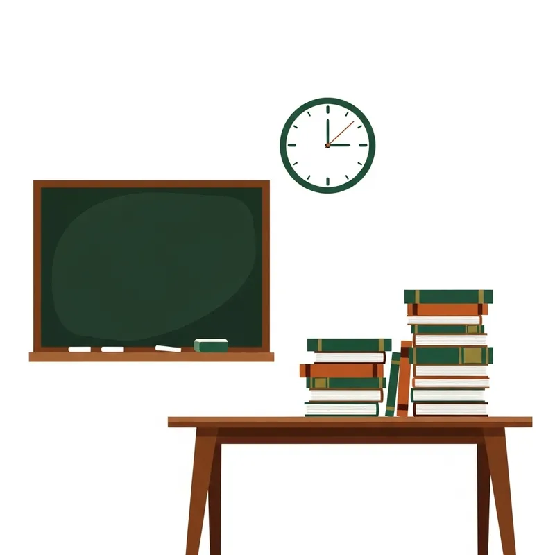 Minimalist Representation of Education: Chalkboard, Books & Desk