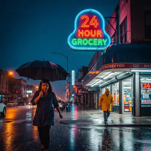 Nighttime Cityscape: 24 Hour Grocery Store in Rain with Diverse Shoppers
