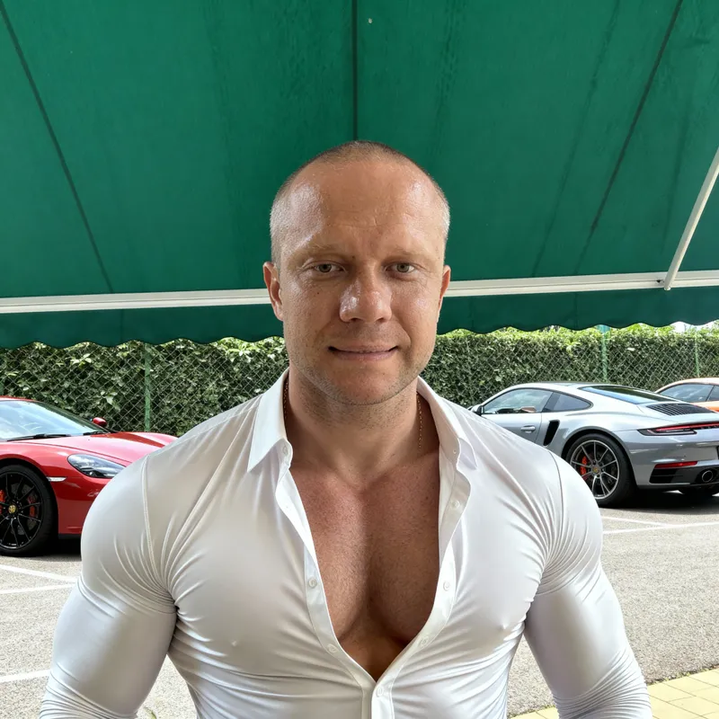 Super Muscular Model Posing with Sports Cars