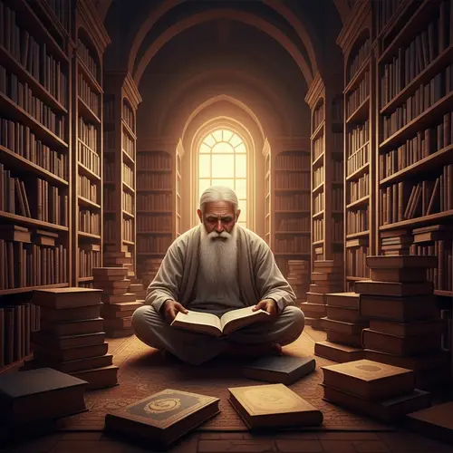 Elderly South Asian Person in Antique Library | Depth of Wisdom