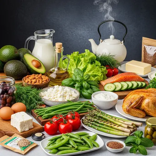 Wholesome Food Table Setting with Avocados, Salmon, Eggs & More