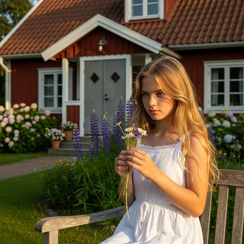 Photorealistic Image of Girl with Blonde Hair and Gray-Green Eyes Sitting in Front of Scandinavian Cottage