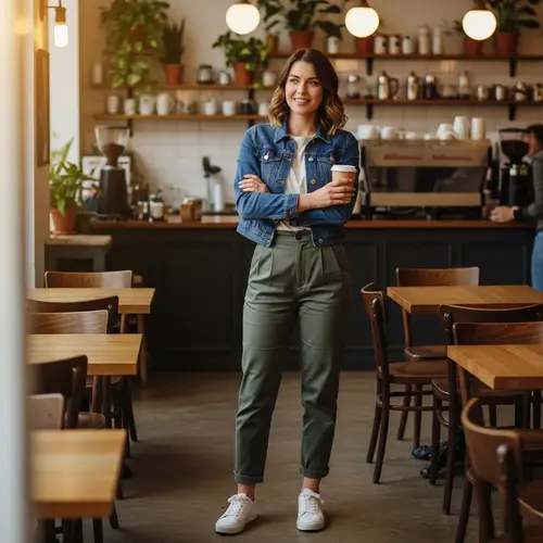 25-Year-Old Woman Smiling with Beverage in Cafe