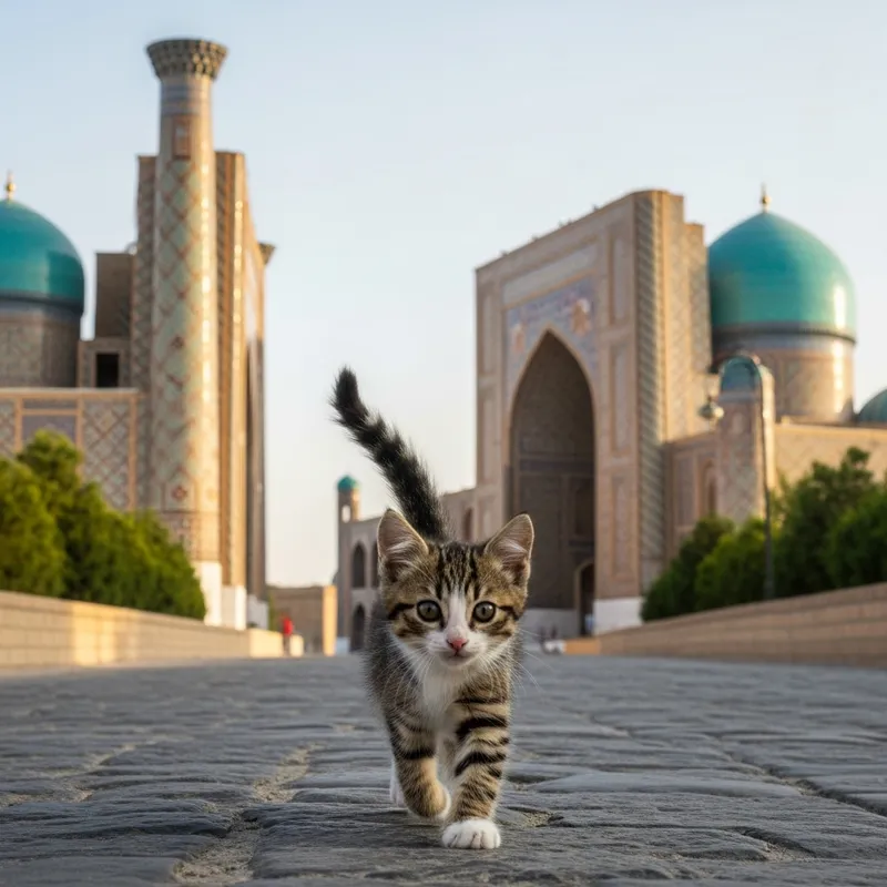 Adorable Cat Walking on Uzbekistan Street with Majestic Mosque