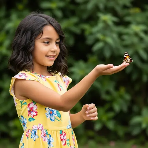 Joyful Hispanic Girl in Yellow Summer Dress Playing with Butterfly