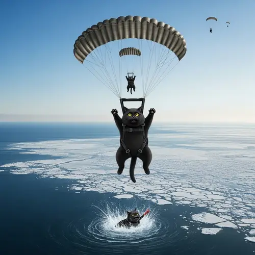Chubby Black Cat and Kitten Parachute Adventure