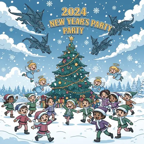 2024 New Year's Eve Party T-Shirt Design with Festive Cartoon Illustration