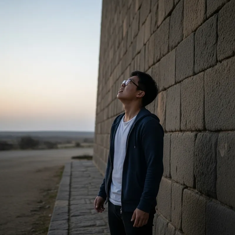 Asian Man in Awe at Stone Wall - Frustration Visible