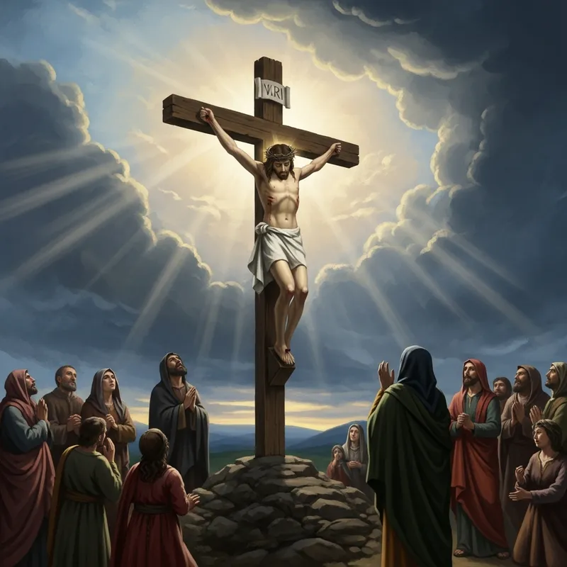 Jesus Crucified: Biblical Scene with Onlookers and Dramatic Sky Jesus Crucified: Biblical Scene with Onlookers and Dramatic Sky