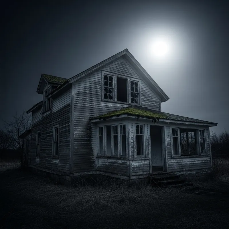 Desolate House Under Moonlit Sky | Broken Windows, Dark Colors