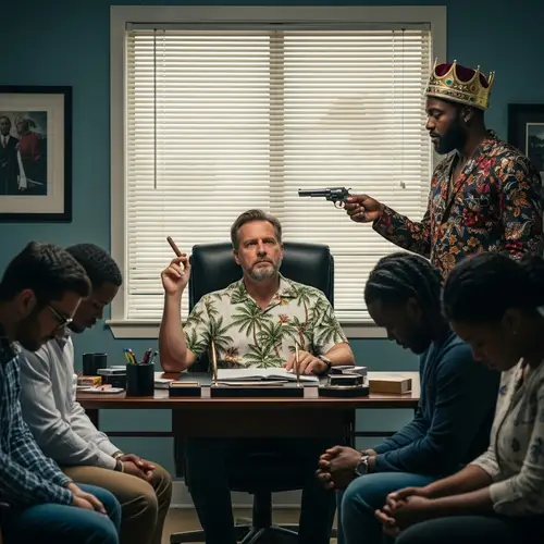 Office Director with Cigar and Pistol Seated Among Diverse Individuals