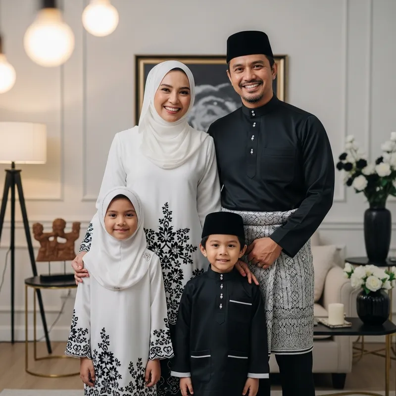 Heartwarming White and Black Baju Raya Family Happiness