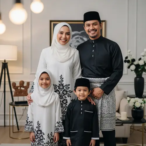 Elegant Black and White Baju Raya Family Celebration