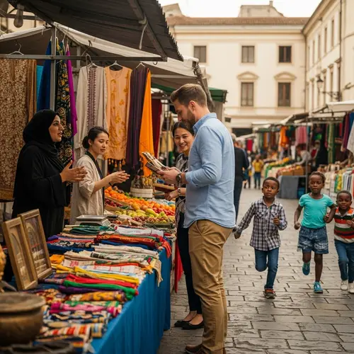 Vibrant Market Scene with Diverse Traders and Customers