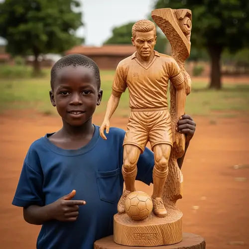Young Boy with Lifelike Messi Sculpture