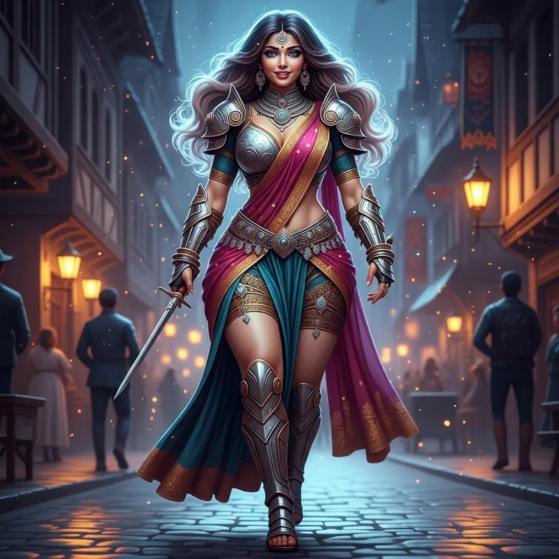 Captivating South Asian Female Warrior in Cyberpunk Saree