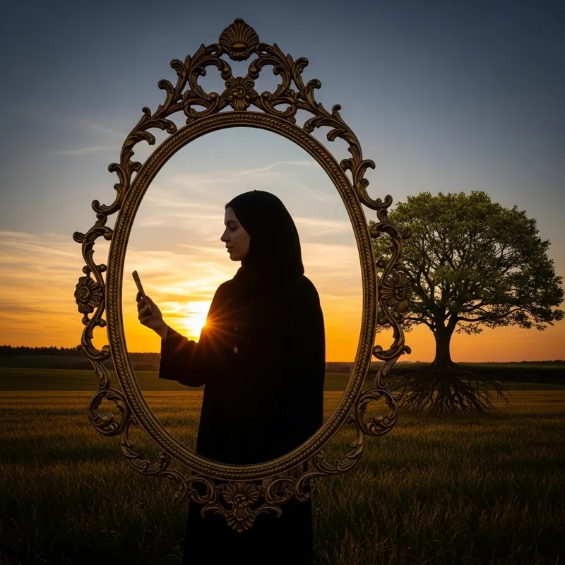 Journey of Self-Discovery: Mirror Reflection, Sunrise, Tree Symbolism