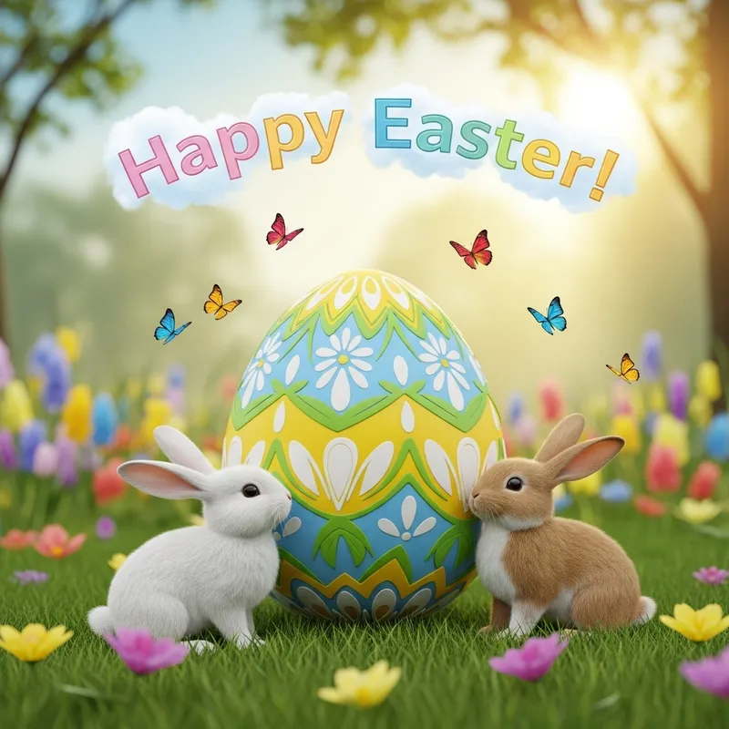 Vibrant Easter Egg with Bunnies in Lush Garden | Happy Easter!