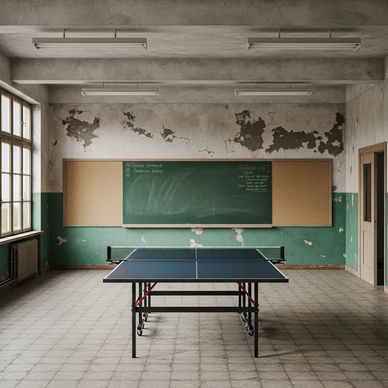 Lonely Ping Pong Table in Aged Classroom