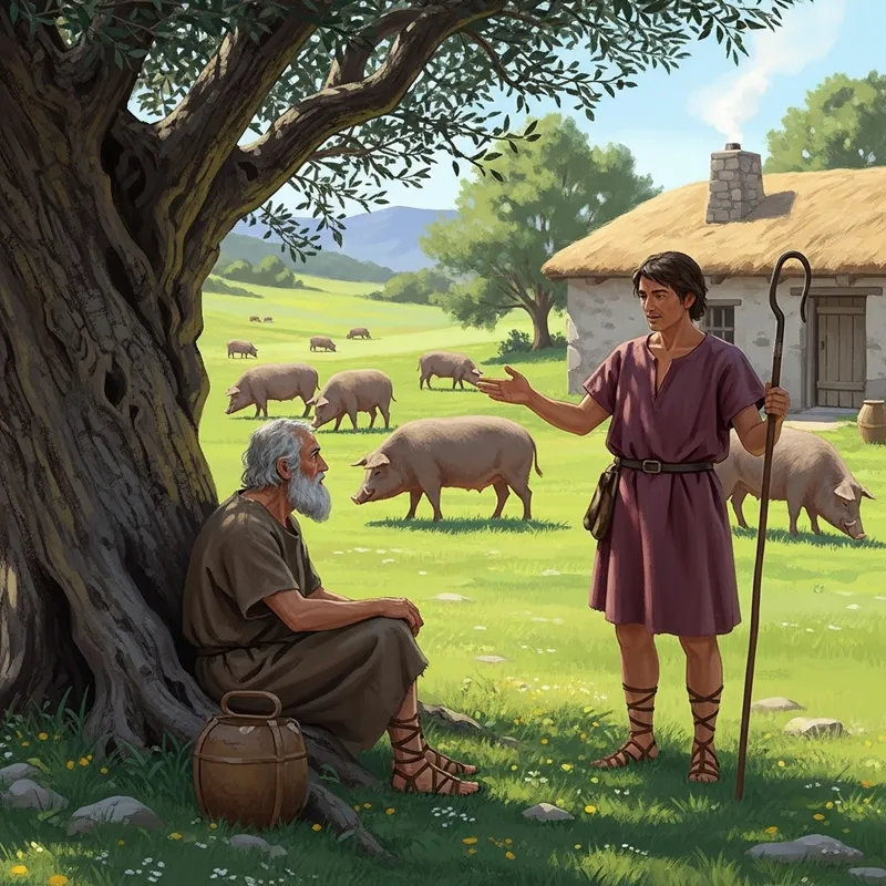 Chapter 14 of the Odyssey: A Detailed Scene with Odysseus and Swineherd