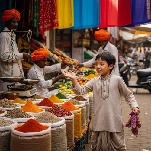 Playful East Asian Boy in Traditional Indian Setting