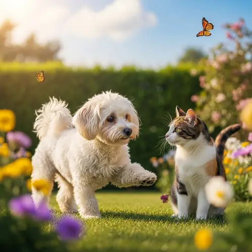 Friendly Interaction Between Maltipoo Dog and Domestic Cat