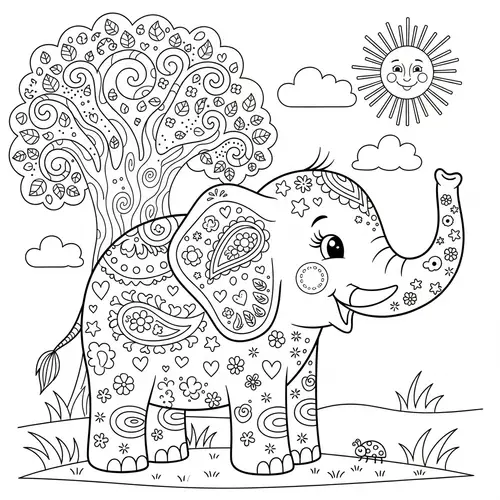 Playful Elephant Line Art Illustration for 6-Year-Olds