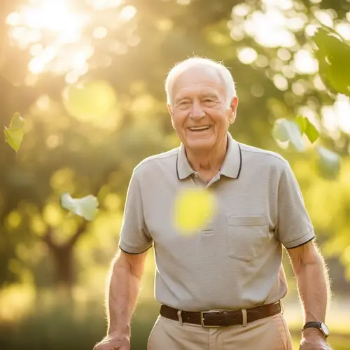 Elderly Caucasian Man Radiating Joy and Energy in Sunshine