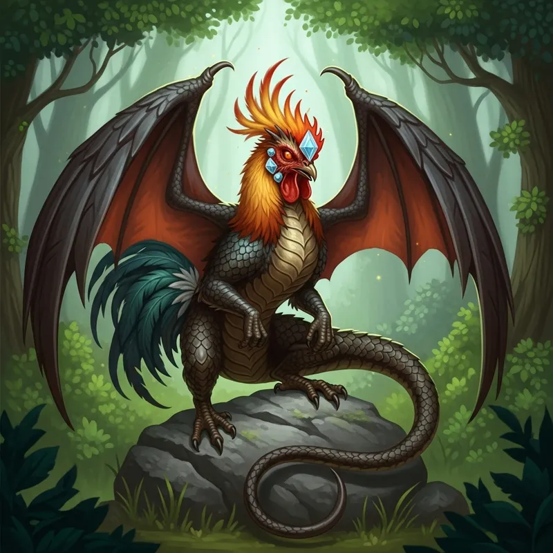 Cockatrice: Majestic Mythical Creature in Enchanted Forest