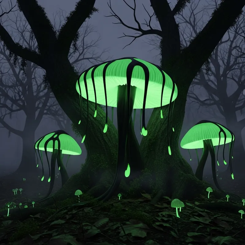 Neon Green Fungi and Spooky Trees - Mystic Nature Encounter