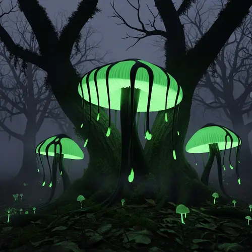 Neon Green Fungi and Spooky Trees - Enchanting Nature Display