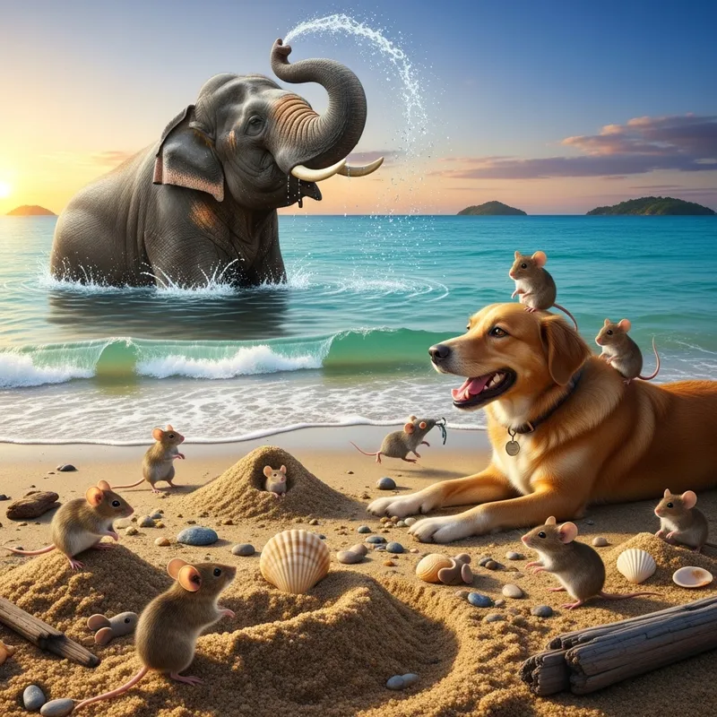 Playful Dog Playing with Mice and Elephant Bathing in the Sea