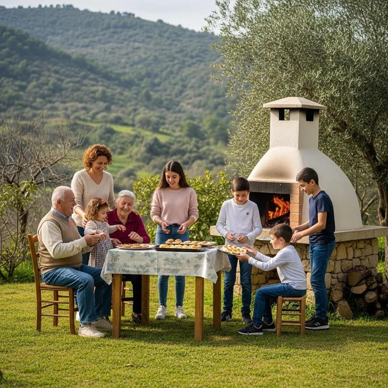 Joyful Family Gathering for New Year's Eve Dessert Preparations in Levantine Village