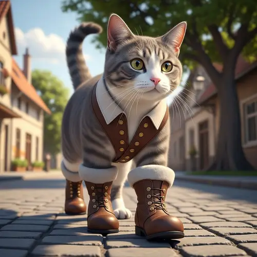Confident Domestic Cat Striding on Cobbled Street with Elegant Boots